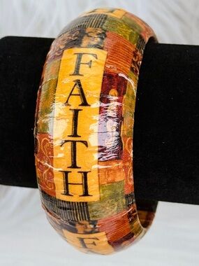 Bohemian Faith Decoupage Wide Bangle Bracelet Earth Tone Artisan
